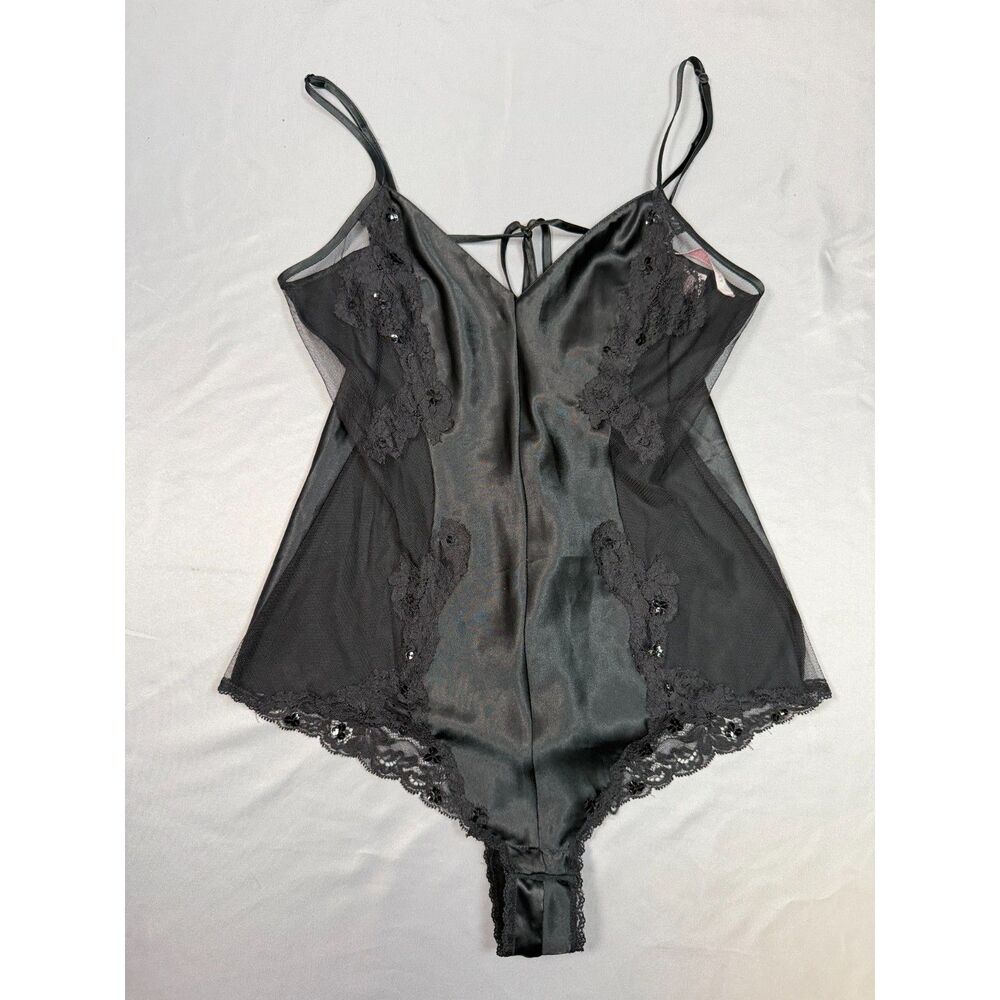 VTG Victoria’s Secret Black Satin Lace Sequin Mesh Teddy Bodysuit Lingerie XS